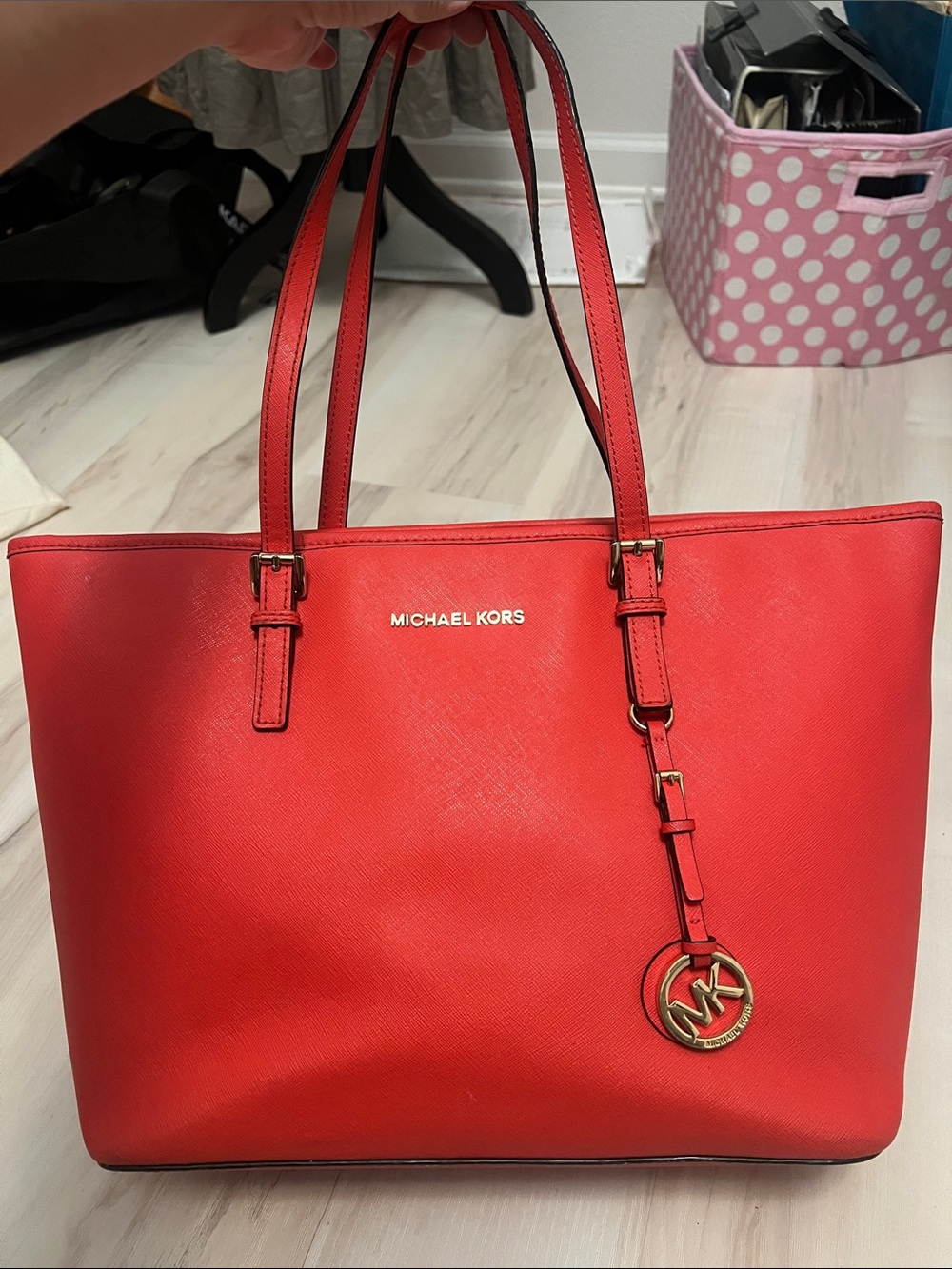 Michael Kors Red Saffiano Tote with Gold MK Charm